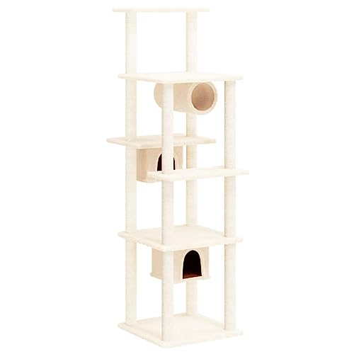 AUVYI Aktivitätskratzbäum mit Sisal-Kratzsäulen Creme 47x74x169 cm Holz Alles-in-einem-Katzenturm mit Häusern Bequemer Plüsch Katzen-Spielplatz Plattformen Tätigkeitsbereich für Haustiere von AUVYI