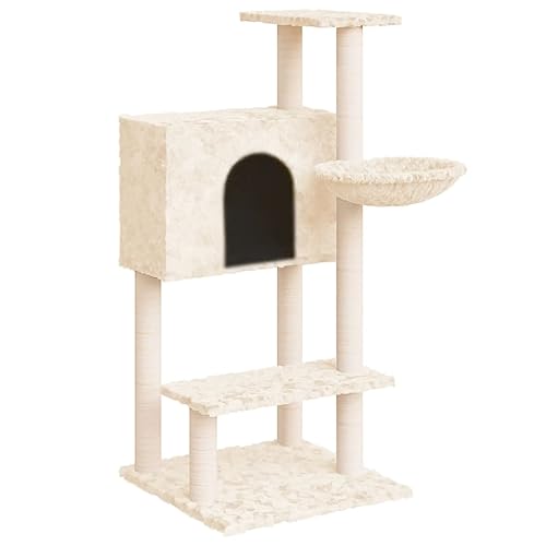 AUVYI Aktivitätskratzbäum mit Sisal-Kratzsäulen Creme 61x61x108,5 cm Holz&Plüsch Langlebig Tätigkeitsbereich für Haustiere mit Ruheplattformen Katzen-Spielplatz Vielfältige Verwendung von AUVYI