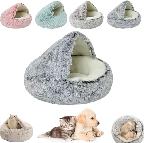 AUWIRUG Cozy Cocoon Pet Bed for Dogs, Cozy Cocoon Pet Bed, Winter Pet Plush Bed, Cat Bed Round Hooded Cat Bed Cave, Winter Pet Beds for Indoor Cats Or Small Dog Beds (50cm,Gray Short Plush) von AUWIRUG