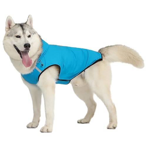 AUklOPVZZ Premium Hunderegenmantel, leicht, verstaubar, gut sichtbare Streifen für Sicherheit, leichte, verstaubare Hundejacke aus Polyester, Blau, S von AUklOPVZZ