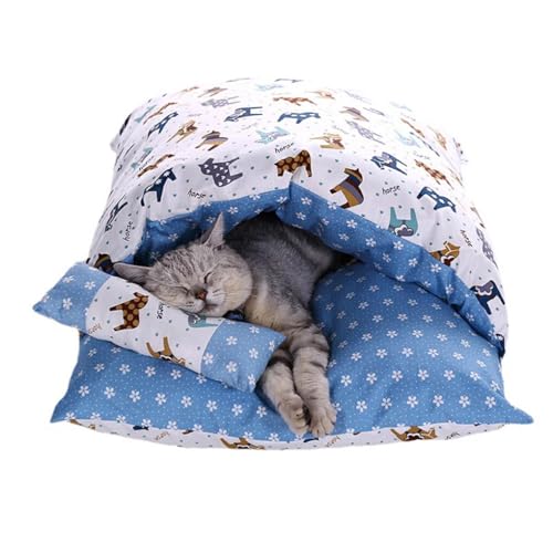 AUklOPVZZ Warmer und bequemer halbgeschlossener Katzenschlafsack für Katzen, warmes Katzennest im Herbst und Winter, Polyester Haustiermatte, leicht zu reinigen, Blau, S von AUklOPVZZ