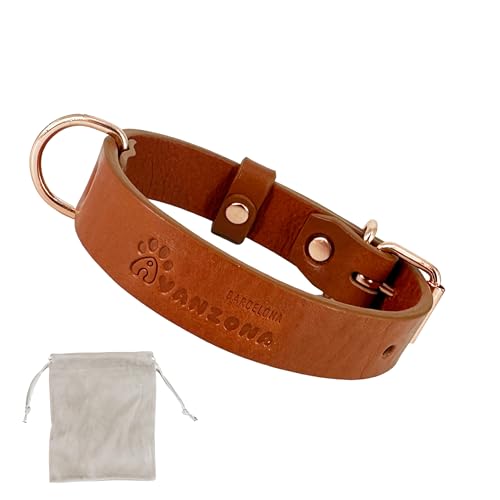 Hundehalsband Aus Leder, Weiches Qualitätsleder, Kleiner Mittlerer Großer Hund. Cognac Und Rose Gold. von AVANZONA