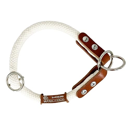 Hundewürgehalsband, Anti Zug, Martingale Halsband, Baumwolle und Leder. Weiß & Cognac. L. von AVANZONA