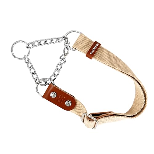 Martingale Zugstopp Halsband für Hunde mit Kette und Leder. Zughalsband für Kleine. L. Beige & Cognac von AVANZONA