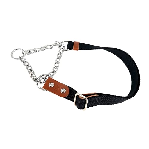 Martingale Zugstopp Halsband für Hunde mit Kette und Leder. Zughalsband für Kleine. L. Cognac&Schwarz. von AVANZONA