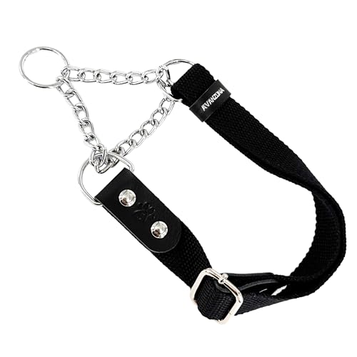 Martingale Zugstopp Halsband für Hunde mit Kette und Leder. Zughalsband für Kleine. M. Schwarz & Schwarz von AVANZONA