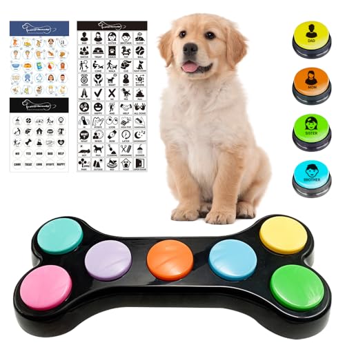 AVCXEC Satz Von 7-Farben-Hunde Button für Kommunikation, Buzzer mit Aufnahmefunktion, Buzzer mit Sound und 100 Aufklebern, Hunde Buttons zum Sprechen mit Gummimatte, Hundetraining Verhaltenshilfen von AVCXEC