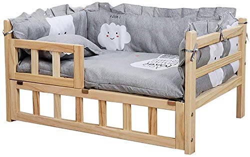 AVEEWA Massivholz-Haustierbetthund, Hundebett Mit Grauer Waschbarer Matratze, Holzrahmen 14 cm Über Dem Boden Erhöht, Erhöhtes Haustier-Sofa-Zwinger, Haustiernestmöbel-S 54×39×36cm von AVEEWA