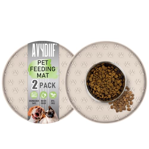 AVYDIIF 2 stück Napfunterlage für Hund Katzen[28cm x 28cm], hundenapf unterlage fressnapf Hund Futtermatten aus Silikon wasserdichte rutschfeste Fressnapf mit Rand, Spülmaschinenfest (2 Beige) von AVYDIIF