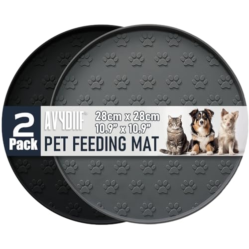 AVYDIIF 2 stück Napfunterlage für Hund Katzen[28cm x 28cm], hundenapf unterlage fressnapf Hund Futtermatten aus Silikon wasserdichte rutschfeste Fressnapf mit Rand, spülmaschinenfest(Schwarz+Grau) von AVYDIIF