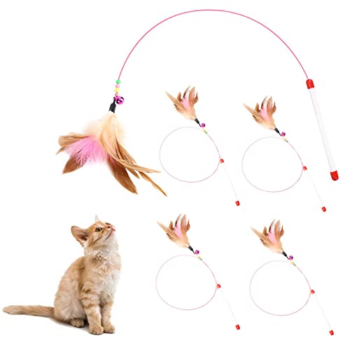 AWAVM 5 Feather Tease Cat Toys,Feather Tease Cat Stick, geeignet für Cat Interactive Play, mit natürlichen Federn und kleinen Glocken von AWAVM