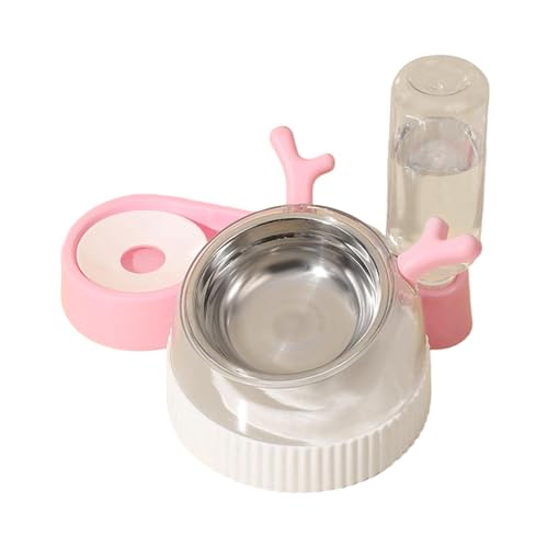 ＡＷＨＡＯ Katzenfutter Und Wassernapf Set, Erhöhte Futternäpfe mit Wasserflasche, rutschfest, 2 in 1 Geneigte Hunde Und Katzennäpfe für Katzen Und Kleine Hund, Rosa Geweih von ＡＷＨＡＯ