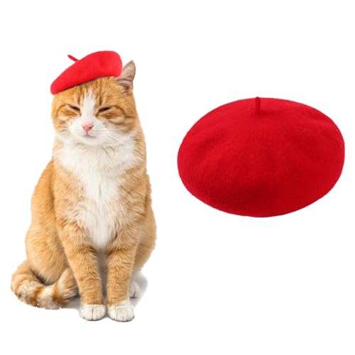 AWOCAN Baskenmütze für Hunde und Katzen, französische Baskenmütze, Stirnband mit verstellbarem Kinnriemen, Weihnachts-Kostüm, Haar-Accessoire, Foto-Requisiten für Party, Rot von AWOCAN