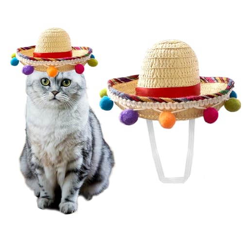 AWOCAN Cinco De Mayo Katzenhut, mexikanisches Outfit, Sombrero-Hut, Haustier-Strohkappe für kleine Haustiere/Welpen, Rot von AWOCAN