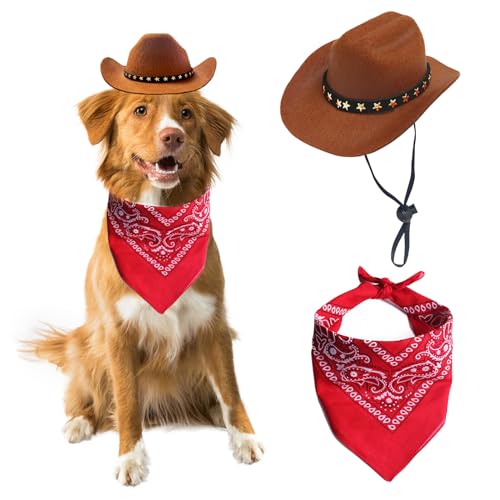 AWOCAN Cowboyhut für Hunde, Katzen, Cowboyhut, Mini-Cowboyhut für Hunde, Katzen, Cowboy-Kostüm mit Bandana, Schal, Urlaub, Halloween, Haustier-Party-Dekoration (Braun, Größe L) von AWOCAN