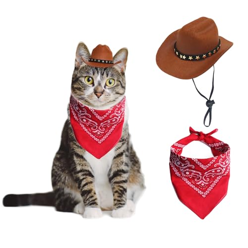 AWOCAN Cowboyhut für Hunde, Katzen, Cowboyhut, Mini-Cowboyhut für Hunde, Katzen, Cowboy-Kostüm mit Bandana, Schal, Urlaub, Halloween, Haustier-Party-Dekoration (Braun, Größe S) von AWOCAN