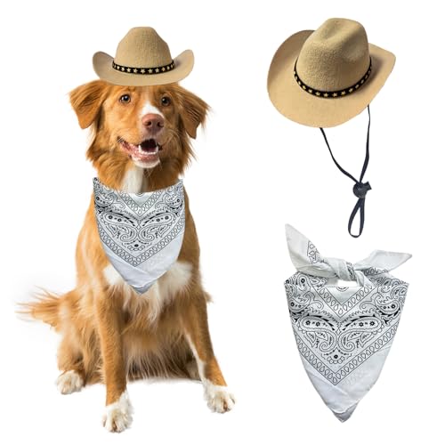 AWOCAN Cowboyhut für Hunde, Katzen, Cowboyhut, Mini-Cowboyhut für Hunde, Katzen, Cowboy-Kostüm mit Bandana, Schal, Urlaub, Halloween, Haustier-Party-Dekoration (Khaki, groß) von AWOCAN