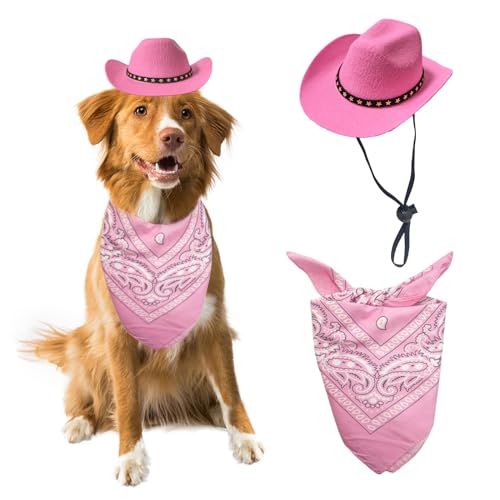 AWOCAN Cowboyhut für Hunde, Katzen, Cowboyhut, Mini-Cowboyhut für Hunde, Katzen, Cowboy-Kostüm mit Bandana, Schal, Urlaub, Halloween, Haustier-Party-Dekoration (Rosa, Größe L) von AWOCAN