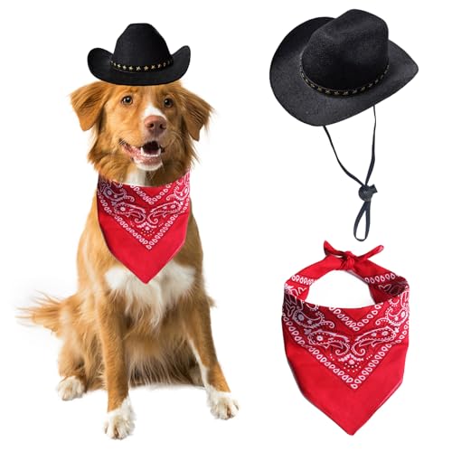 AWOCAN Cowboyhut für Hunde, Katzen, Cowboyhut, Mini-Cowboyhut für Hunde, Katzen, Cowboy-Kostüm mit Bandana, Schal, Urlaub, Halloween, Haustier-Party-Dekoration (schwarz, groß) von AWOCAN