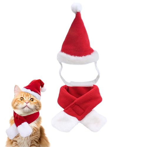 AWOCAN Katze Santa Hut Schal Xmas Hut Xmas Outfit mit rotem Schalldämpfer, Haustier Kleiner Hund Weihnachtskostüm (S) von AWOCAN