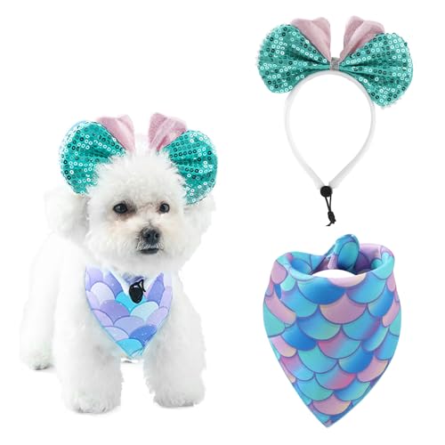 AWOCAN Pet Bow Stirnband und Hund Katze Bandana Set Haustier niedlich glänzenden Bogen Pailletten Stirnband Geburtstag Dekorationen Haustier Party Supplies (grün+blau) von AWOCAN