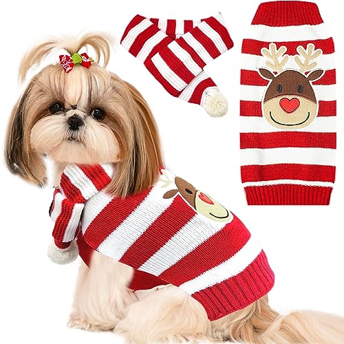 AXIIJGL 2 Pack Hund Weihnachten Outfit Hund Pullover und Schal Set Haustier Weihnachten Winter Warmer Pullover Hundekostüm Schal Winter Urlaub Dekoration Welpen Pullover Schal Rot Weiß L von AXIIJGL