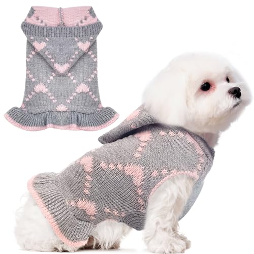 AXIIJGL Hundepullover für kleine Hunde mit Loch für die Leine, Welpen, Strickpullover mit Hut für Mädchen, warmer Hundepullover, langes Kleid, Pullover, Strickwaren, Haustierpullover für Herbst und von AXIIJGL