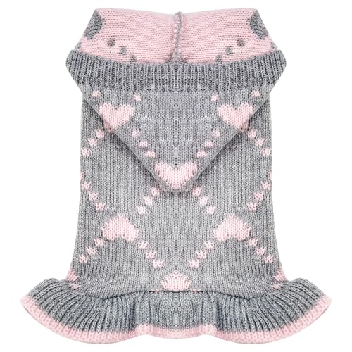 AXIIJGL Hundepullover für kleine Hunde mit Loch für die Leine, Welpen, Strickpullover mit Hut für Mädchen, warmer Hundepullover, langes Kleid, Pullover, Strickwaren, Haustierpullover für Herbst und von AXIIJGL