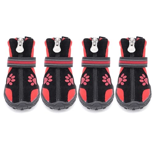 Hundeschuhe,Pfotenschutz Hund 4 stücke Haustier Hund Schuhe Warme Winter Hunde Schuhe Reflektierende Haustier Regen Schnee Stiefel Nicht-Slip Hund Schuh for kleine Große Hunde(Red,5) von AYKANING