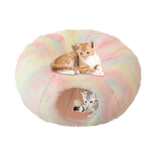 Katzen-Donut-Tunnel, Katzentunnelbett mit Plüschtier, Rundes Faltbares Katzenbett Höhle, Kratzfestes Donut-Katzenspielzeug, Zusammenklappbarer Kurzer Tunnel für Katzen Kaninchen Indoor von AYKHDS