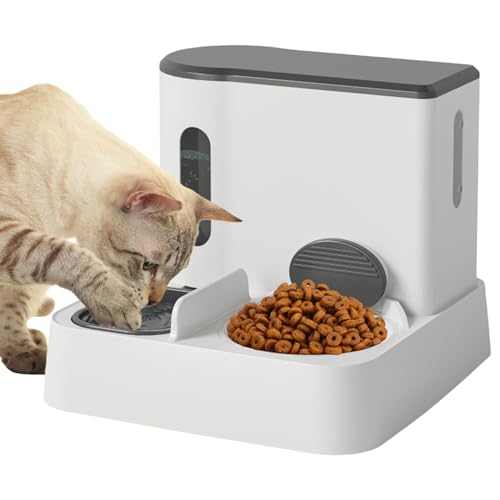 2 in 1 Pet Feeder Wasserspender Set Automatischer Katzenfutterspender Keramik Schwerkraft Haustier Futternapf & Wasserspender 2.8L + 1L für Hunde Katzen Kleine Haustiere Grau von AYLIORUY