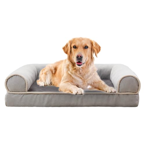 Hundebett aus Memory-Schaum mit Nackenrolle, kühlendes Hundebetten für extra große Hunde, wasserdicht, orthopädisches Hundebett mit abnehmbarem waschbarem Bezug, Hundesofa, Hellgrau, 2XL von AYLIORUY