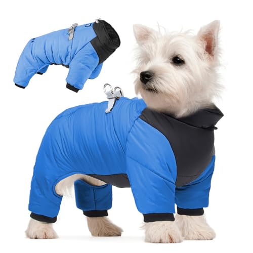 Hundemantel, wasserdichte Hundejacke für den Winter, warm, Ganzkörper-Hunde-Schneeanzug, gepolstert, Fleece, mit reflektierenden, winddichten Hundebekleidung für kleine Hunde, Blau, Größe L von AYLIORUY