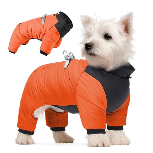 Hundemantel, wasserdichte Hundejacke für den Winter, warm, Ganzkörper-Hunde-Schneeanzug, gepolstert, Fleece, mit reflektierenden, winddichten Hundebekleidung für kleine Hunde, Orange, Größe L von AYLIORUY