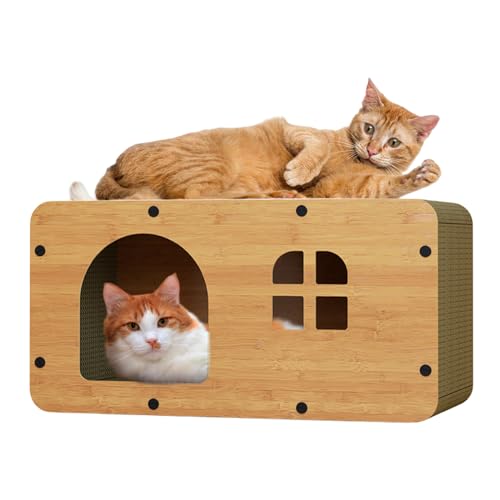 Karton Katzenhaus 2 in 1 Wellpappe Katzenkratzer Lounge Bett für Katzen Brett Holz Doppelschicht Katzenhaus mit Kratzunterlage mit Flauschball Extra Groß von AYLIORUY