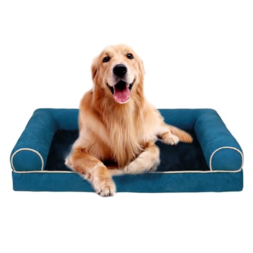 Memory Foam Hundebett mit Nackenrolle, kühlendes Hundebetten für große Hunde, wasserdicht, orthopädisches Hundebett mit abnehmbarem waschbarem Bezug, Hundesofa, Blau, XL von AYLIORUY