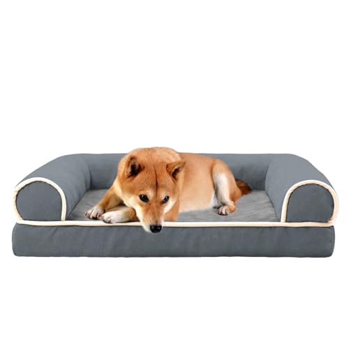 Memory Foam Hundebett mit Nackenrolle, kühlendes Hundebetten für große Hunde, wasserdicht, orthopädisches Hundebett mit abnehmbarem waschbarem Bezug, Hundesofa, Dunkelgrau, XL von AYLIORUY