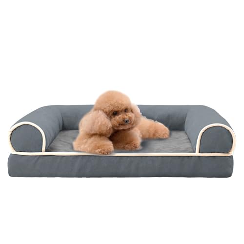 Memory Foam Hundebett mit Nackenrolle, kühlendes Hundebetten für kleine Hunde, wasserdicht, orthopädisches Hundebett mit abnehmbarem waschbarem Bezug, Hundesofa, Dunkelgrau, M von AYLIORUY