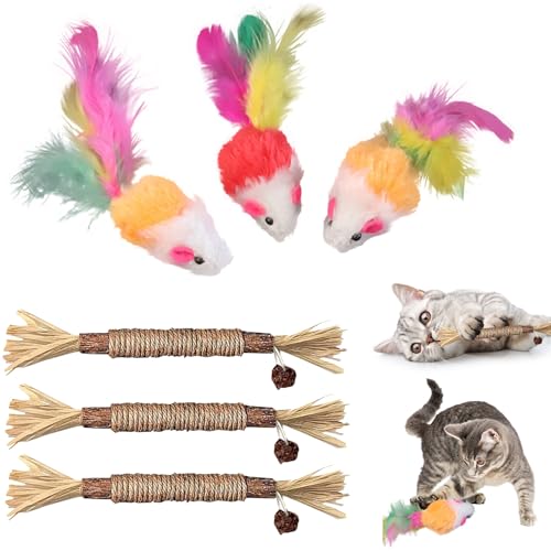 AYNKH 3 Katze Zahnen Sticks,3 Plüsch Mäuse necken Spielzeug, Katzenspielzeug,Catnip Sticks,Katze Kauen hölzerne Sticks Katze Zahnpflege Verhütung Mundwasser,Natürliche Sichere Katze Stick Kauen Sticks von AYNKH