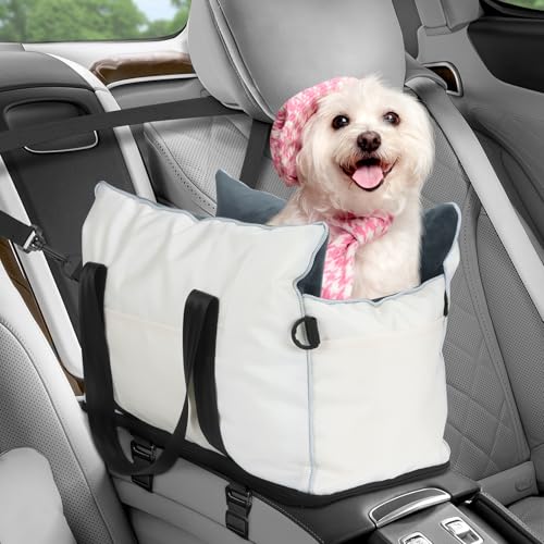 Hundeautositz für kleine Hunde, Mittelkonsole, Hundeautositz mit weichem Kissen und Aufbewahrungstaschen, Welpenautositz Unterstützung Haustier bis zu 4,5 kg (Beige) von AZAMIA