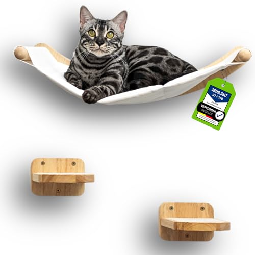 AZANO® Kletterwand Katzen | Katzenhängematte XL [Extra Stabil und Groß] mit Katzentreppe für die Wand | Katzenleiter mit Schlafplatz | Katzenbett zum Klettern aus Natur-holz | 3-Teilig (mit Treppchen) von AZANO