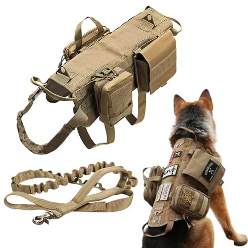 Taktisches Hundegeschirr, strapazierfähig, mit 3 MOLLE-Taschen und 1 Bungee-Hundeleine von AZB