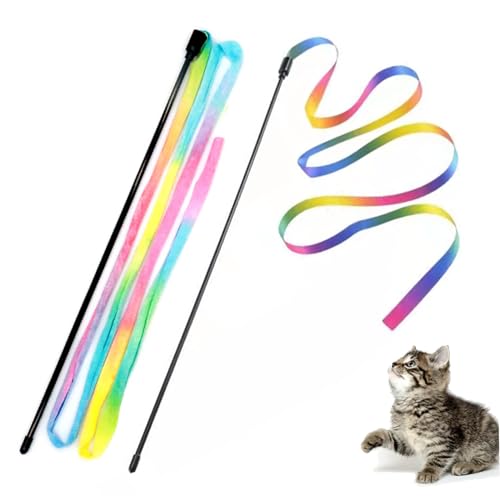 AZIDWERYQ Katzenspielzeug, 2pcs interaktives farbenfrohes Katzenbandspielzeug, Stressabbau Katzenstab, tragbares Katzenstringspielzeug für Kätzchen Übende Cat Ribbon Toy von AZIDWERYQ