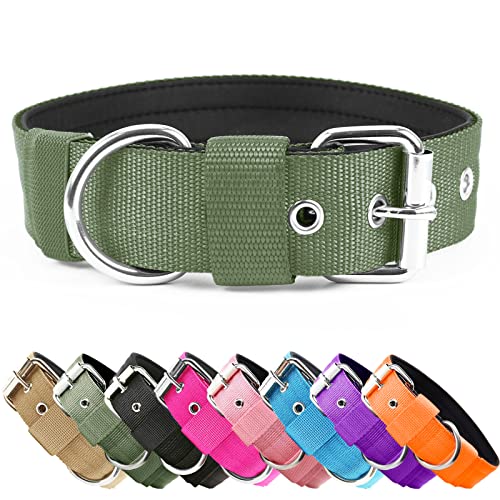 Strapazierfähiges taktisches Hundehalsband – 3,8 cm breit, militärisches robustes dickes Nylon mit verstellbarem Metall-D-Ring und Schnalle, Arbeitstraining K9 Halsband für mittelgroße und große Hunde (L(50,8 - 58,4 cm), Armeegrün von AaufiLux