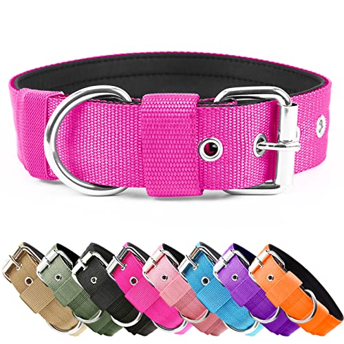 Strapazierfähiges, taktisches Hundehalsband – 3.8 cm Breite, militärisches, langlebiges dickes Nylon mit verstellbarem D-Ring aus Metall und Schnalle, Arbeitstraining,43.2 cm), Hot Pink) von AaufiLux