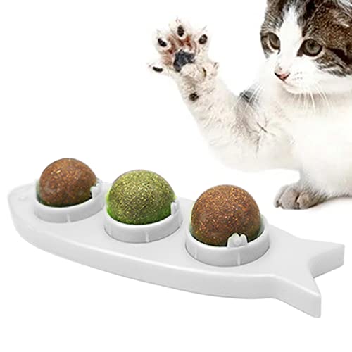 Abbto 2 Stück 3-in-1 Kugelleck mit Katze | essbares Spielzeug für Kätzchen für Katzen – Fischform Katze NIP Kätzchen Essbares Spielzeug Leckkugeln Katze Wand Leckereien Spielzeug von Abbto