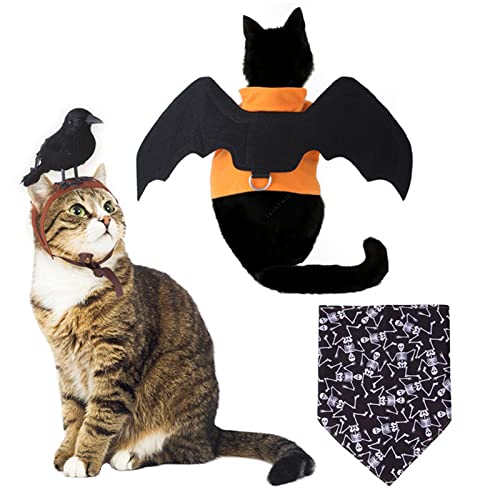 Katze Halloween Fledermaus Flügel Kostüm,Halloween Kostüm für Hunde - Party Cosplay Set inklusive Fledermausflügel, Schal für Haustiere, Kopfbedeckungen, Halloween-Partybedarf Abbto von Abbto