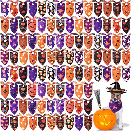 Abbylike 100 Stück Halloween-Hundehalstücher Bulk Halloween Hundehalstücher für Hunde Hund Halstuch Set Lätzchen Dreieckstuch mit Kürbismuster für Halloween Haustier Kostüm Zubehör Dekoration von Abbylike