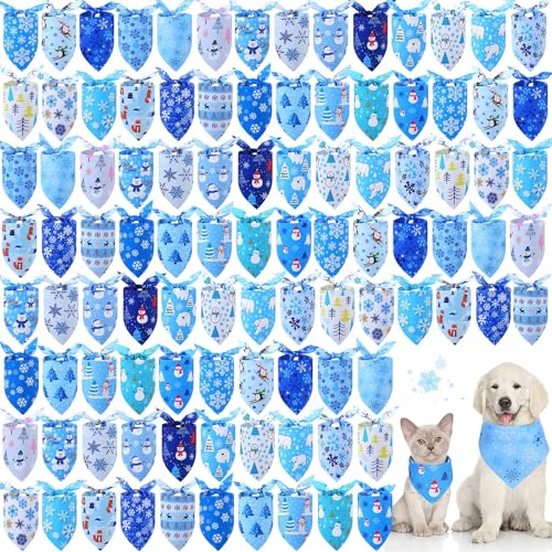 Abbylike 100 Stück Winter-Hundehalstücher Bulk Blau Schneeflocke Hundehalstücher für Hunde Hund Halstuch Set Lätzchen Dreieckstuch mit Schneeflockenmuster für Winter Haustier Kostüm Zubehör Dekoration von Abbylike