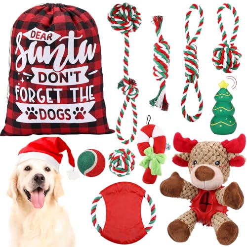 Abbylike 11 Stück Weihnachts-Hundespielzeug Hund Weihnachtsstrumpf Geschenke Waschbar Farbiges Baumwollseil Welpe Kauen Interaktives Spielzeug Hund Tauziehen Spielzeug Quietschendes Spielzeug für von Abbylike